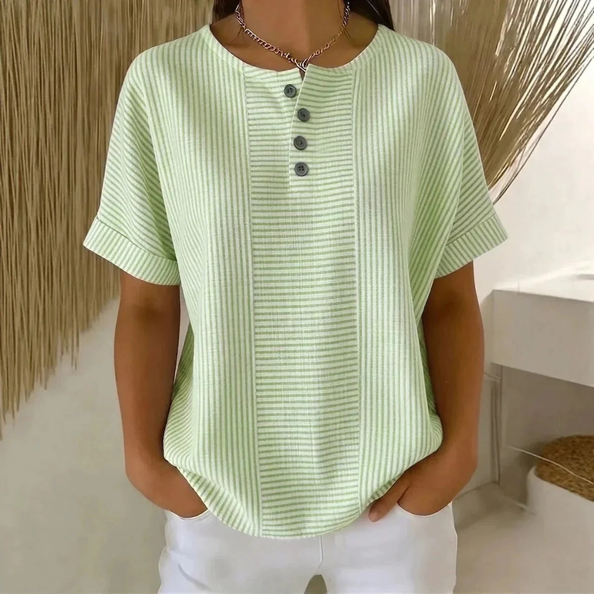 (Compre 1 Leve 2) Blusa Euddora™ Com Listras Delicadas e Botões Frontais