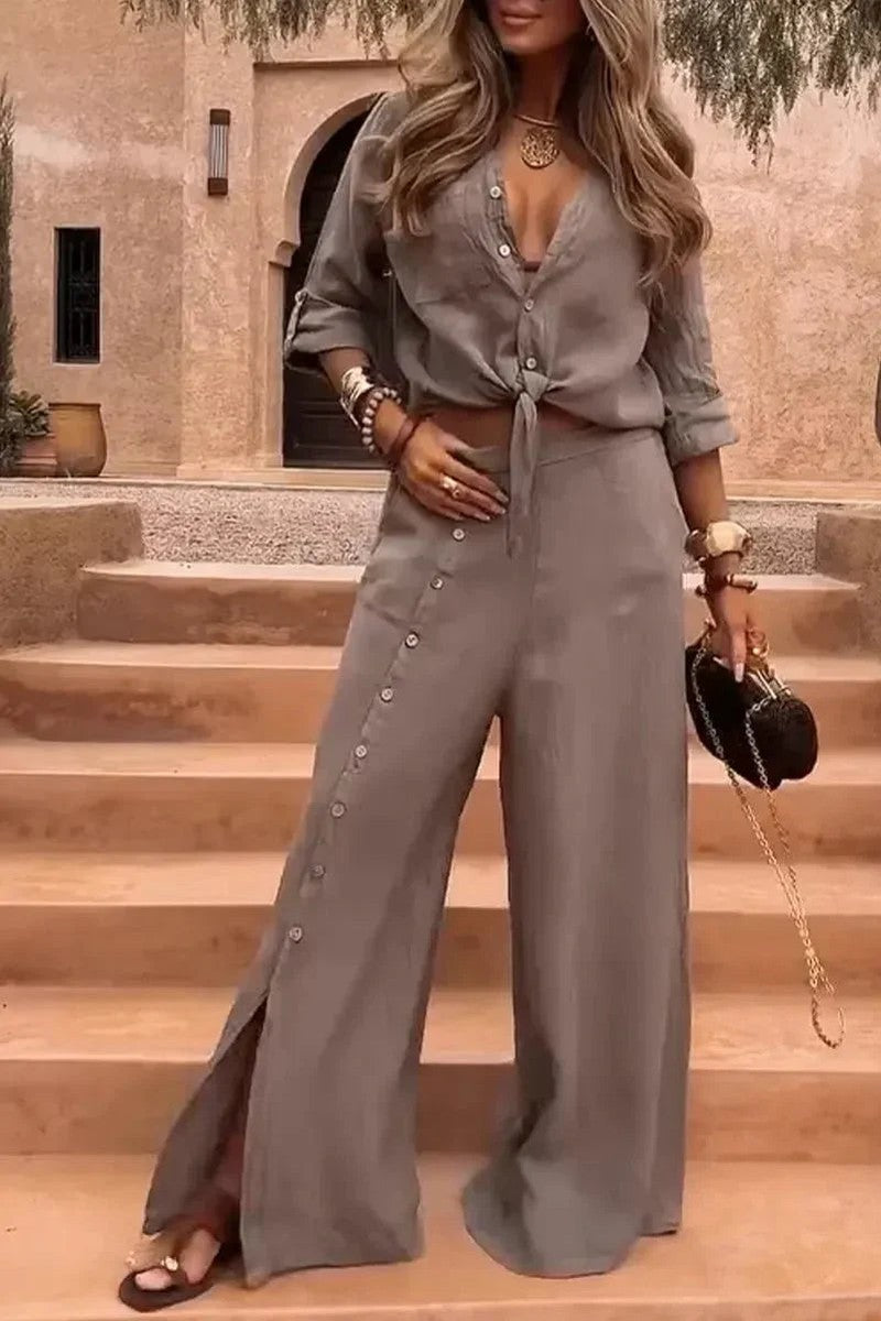 Conjunto Luna em Linho Natural - Modelagem Pantalona e Tecido Respirável — Miralleve