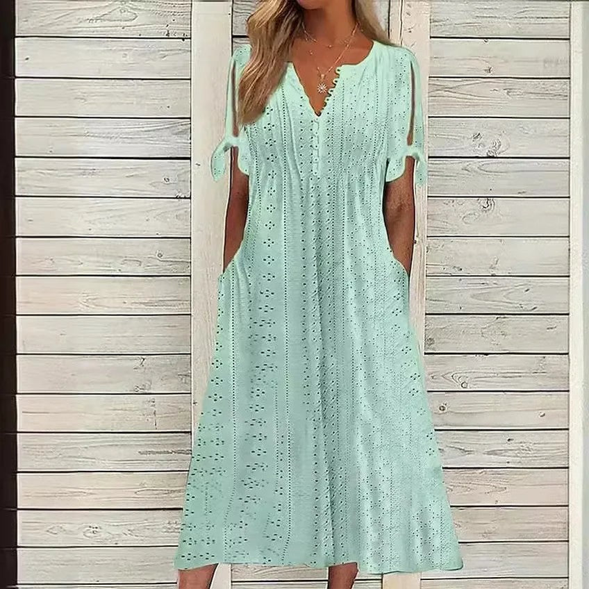 Vestido de Renda Jana - Gola em V de Manga Curta (Verão 2026) — Miralleve