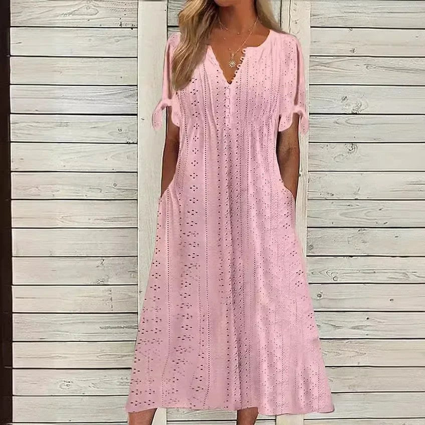 Vestido de Renda Jana - Gola em V de Manga Curta (Verão 2026) — Miralleve