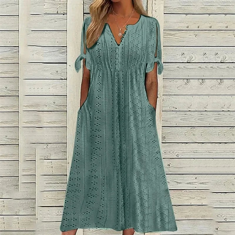 Vestido de Renda Jana - Gola em V de Manga Curta (Verão 2026) — Miralleve