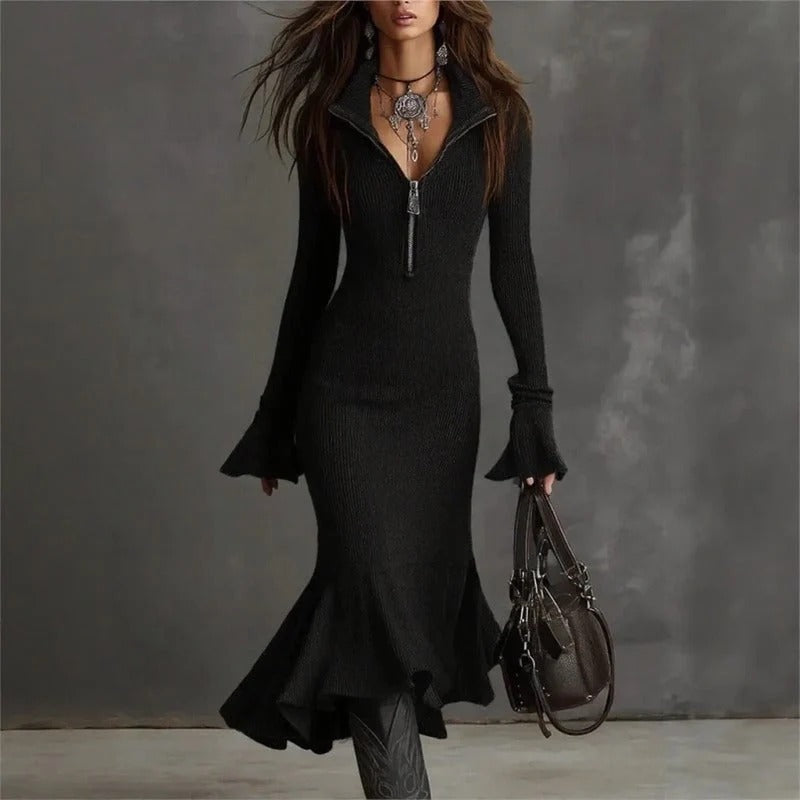 Vestido Evora Luxe Em Malha Canelada Com Zíper Frontal e Barra Sereia
