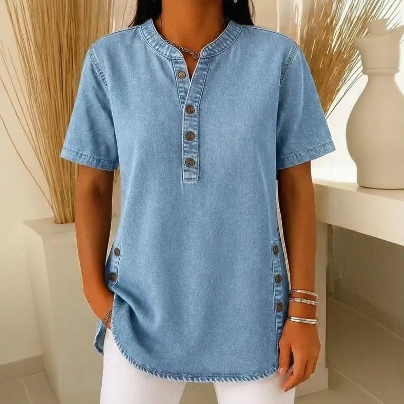 Blusa Jeans Calenny Com Acabamento Estonado e Caimento Soltinho