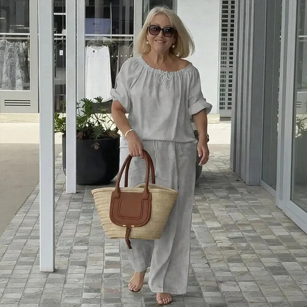 Conjunto Céliane Feminino em Linho de Algodão com Blusa e Calça