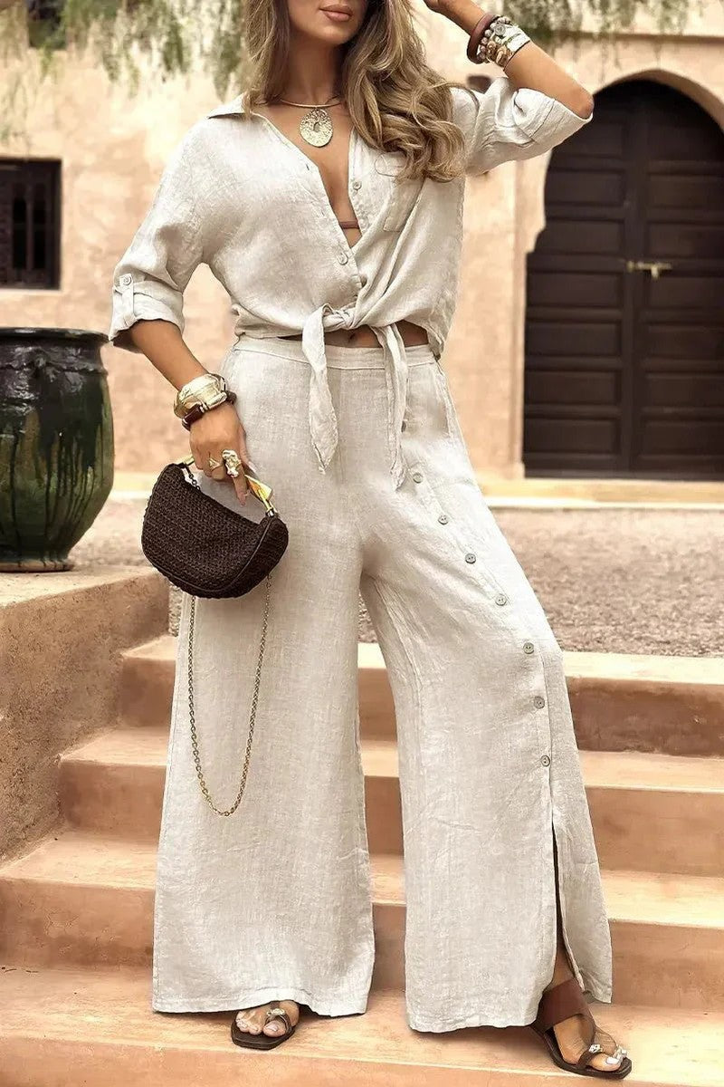Conjunto Luna em Linho Natural - Modelagem Pantalona e Tecido Respirável — Miralleve