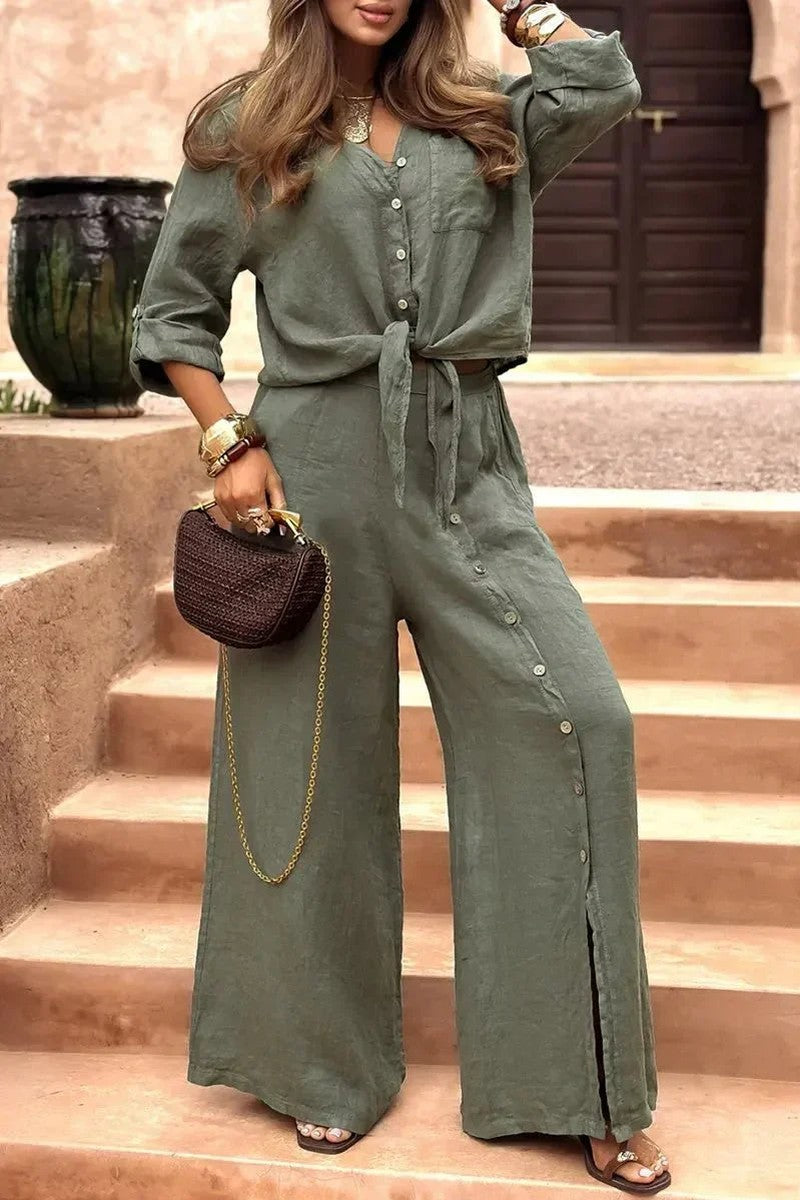 Conjunto Luna em Linho Natural - Modelagem Pantalona e Tecido Respirável — Miralleve