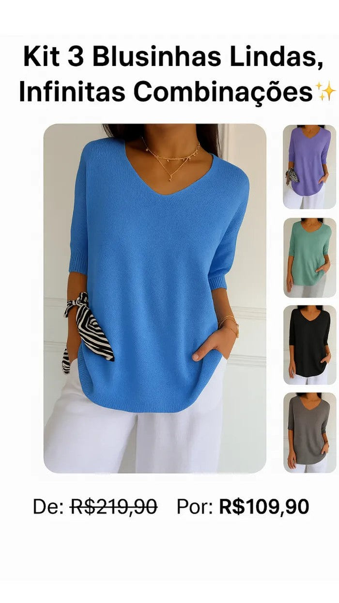 Kit 3 Blusas Luna em Malha Leve – Decote V — Miralleve