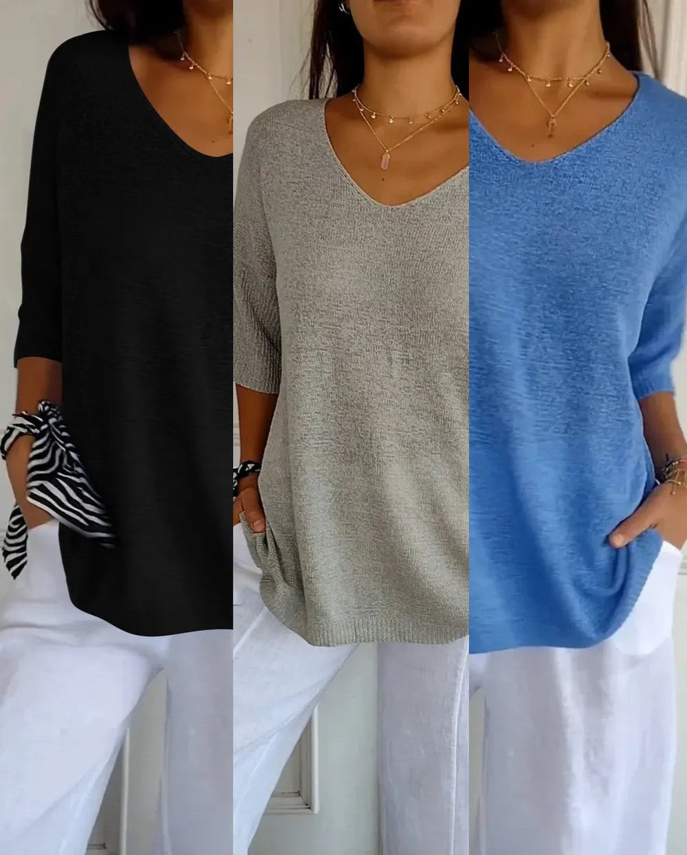 Kit 3 Blusas Luna em Malha Leve – Decote V — Miralleve