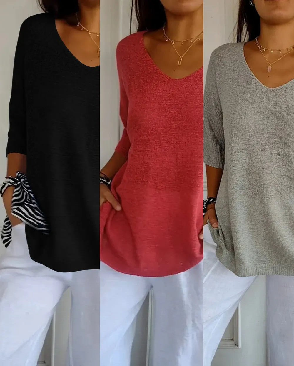 Kit 3 Blusas Luna em Malha Leve – Decote V — Miralleve