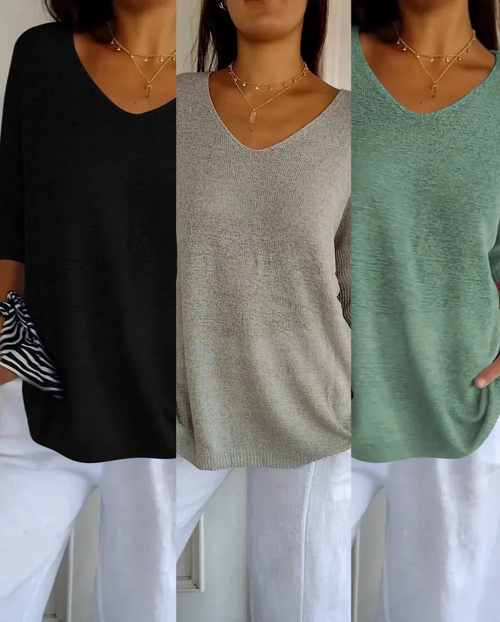 Kit 3 Blusas Luna em Malha Leve – Decote V — Miralleve