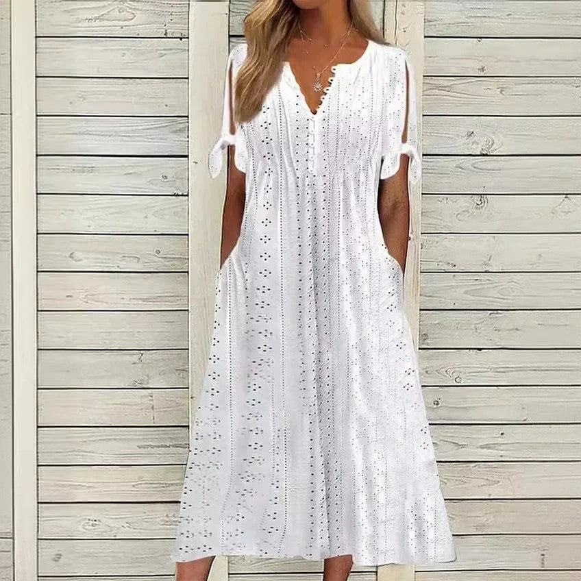 Vestido de Renda Jana - Gola em V de Manga Curta (Verão 2026) — Miralleve