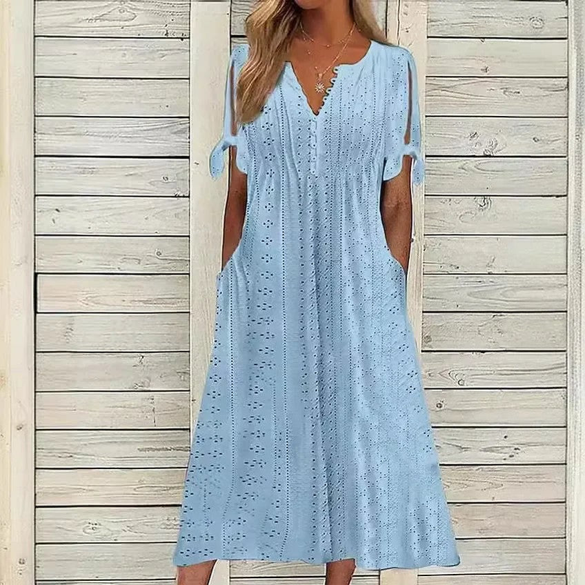 Vestido de Renda Jana - Gola em V de Manga Curta (Verão 2026) — Miralleve