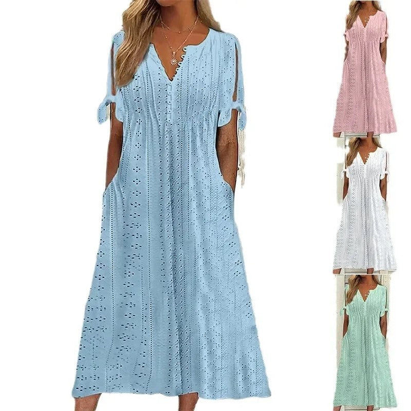 Vestido de Renda Jana - Gola em V de Manga Curta (Verão 2026) — Miralleve
