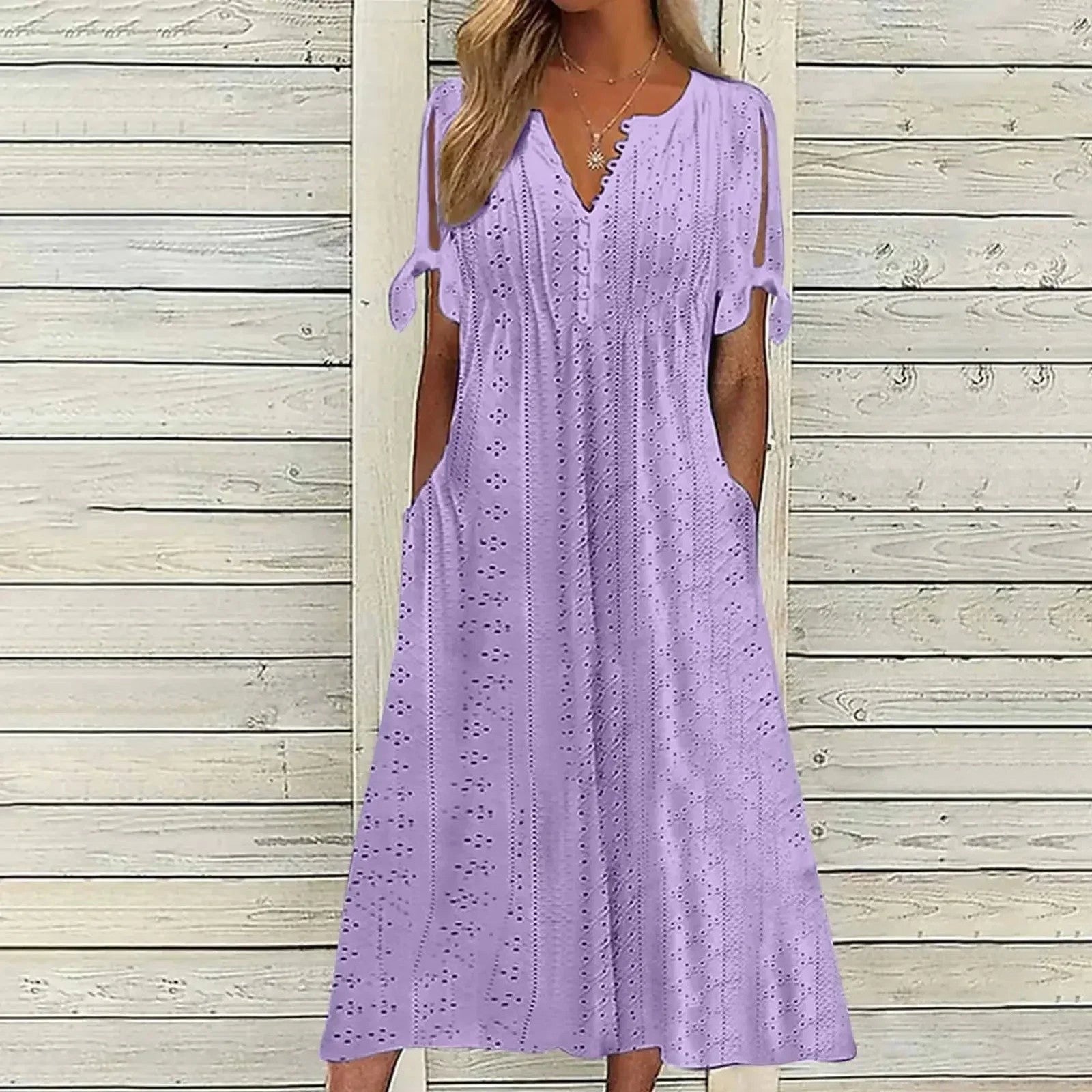 Vestido de Renda Jana - Gola em V de Manga Curta (Verão 2026) — Miralleve