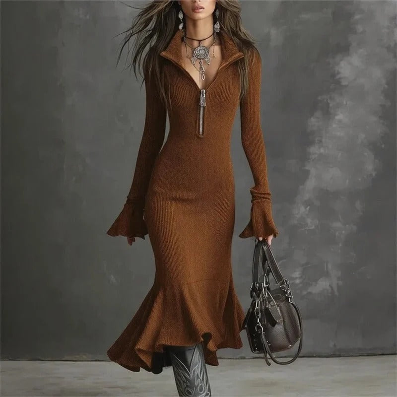 Vestido Evora Luxe Em Malha Canelada Com Zíper Frontal e Barra Sereia
