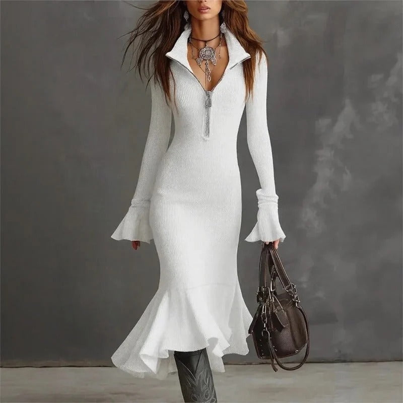 Vestido Evora Luxe Em Malha Canelada Com Zíper Frontal e Barra Sereia
